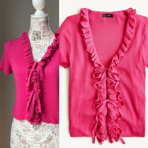 J Crew Silk/Cashmere Blend Ruffle Crop Button Front Short Sleeve Cardigan
